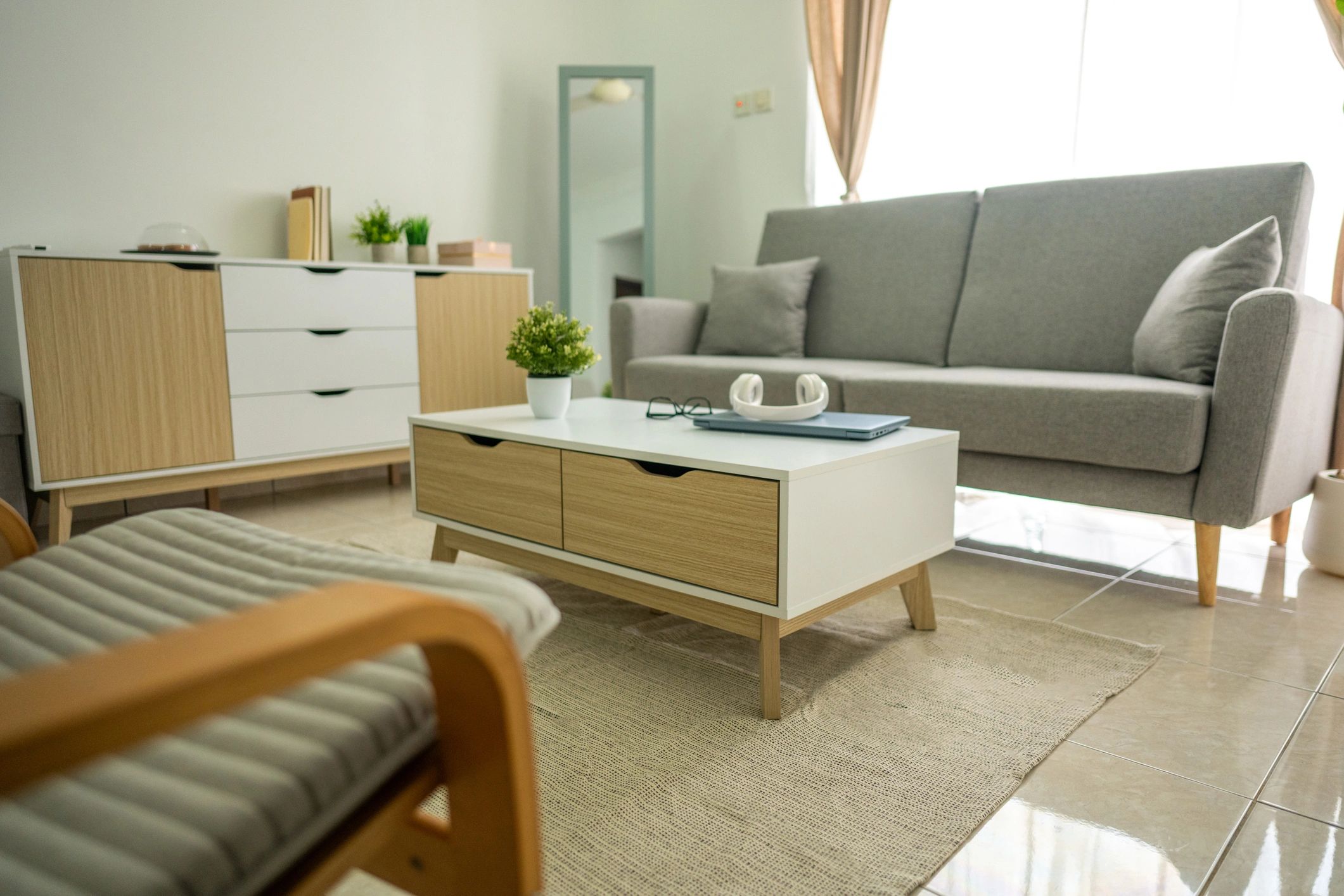 Modern living room with soft tones and clean lines